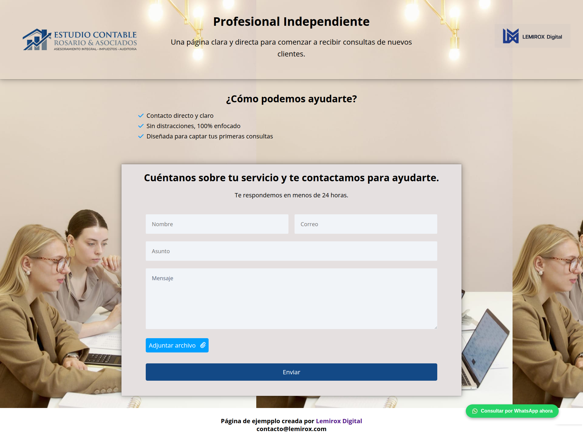 Ejemplo de landing para estudio contable — versión escritorio
